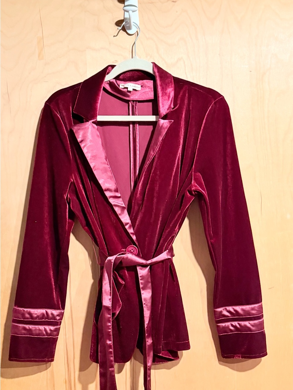 Velvet Satin-Trim Robe Jacket - Wine